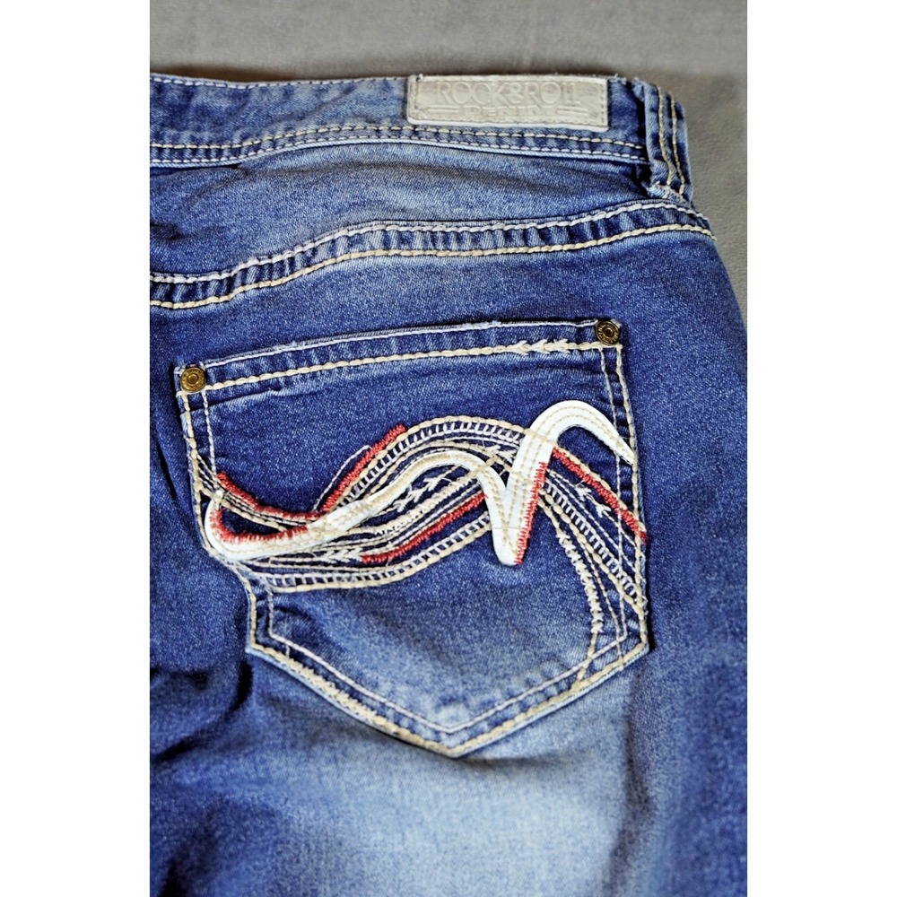 Rock & Roll Cowgirl Boyfriend Jeans 31x32 Blue Denim Stretch Embellished Pockets